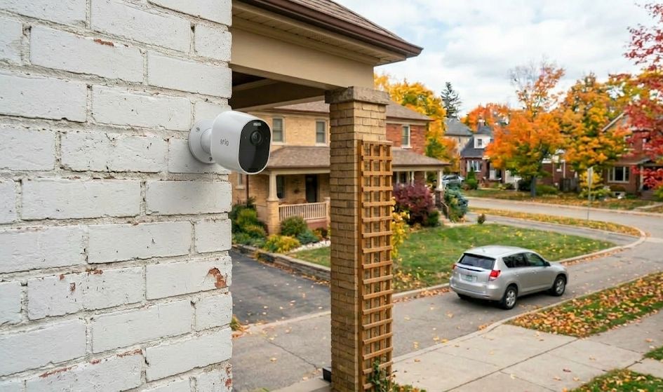 Arlo camera mounted on a building exterior