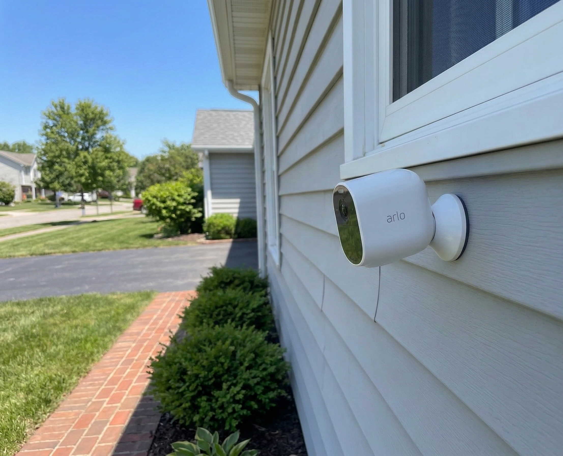 Arlo Pro 6 security camera mounted on the exterior of a house