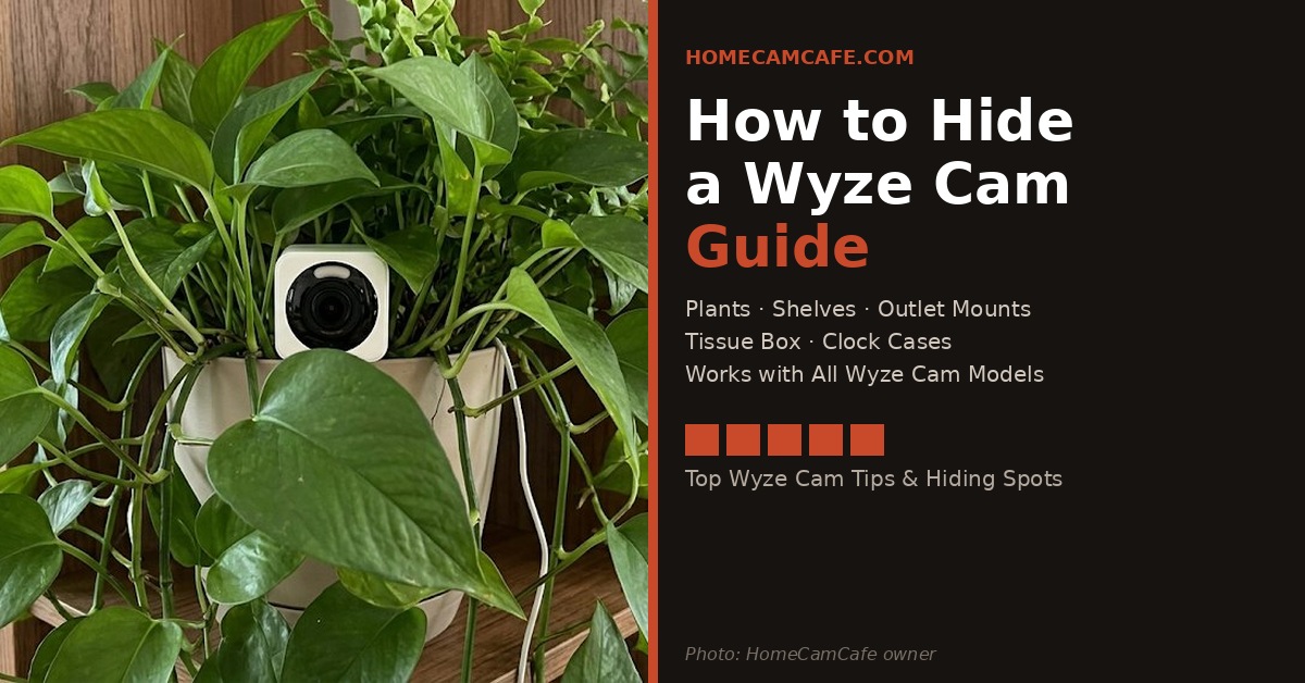 Wyze Cam hidden inside a houseplant on a bookshelf