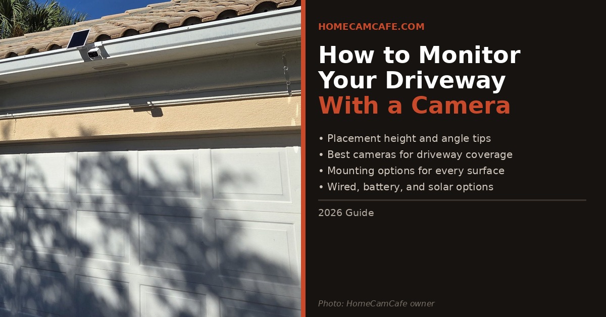 Security camera mounted on soffit above garage door