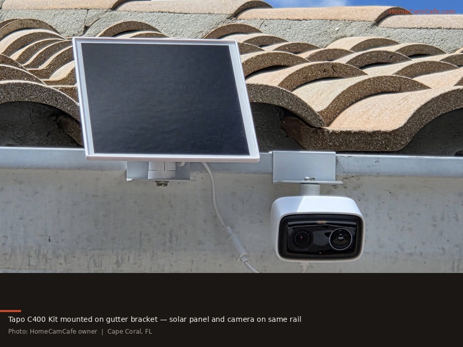 Tapo C400 Kit mounted on gutter bracket with solar panel — HomeCamCafe owner photo