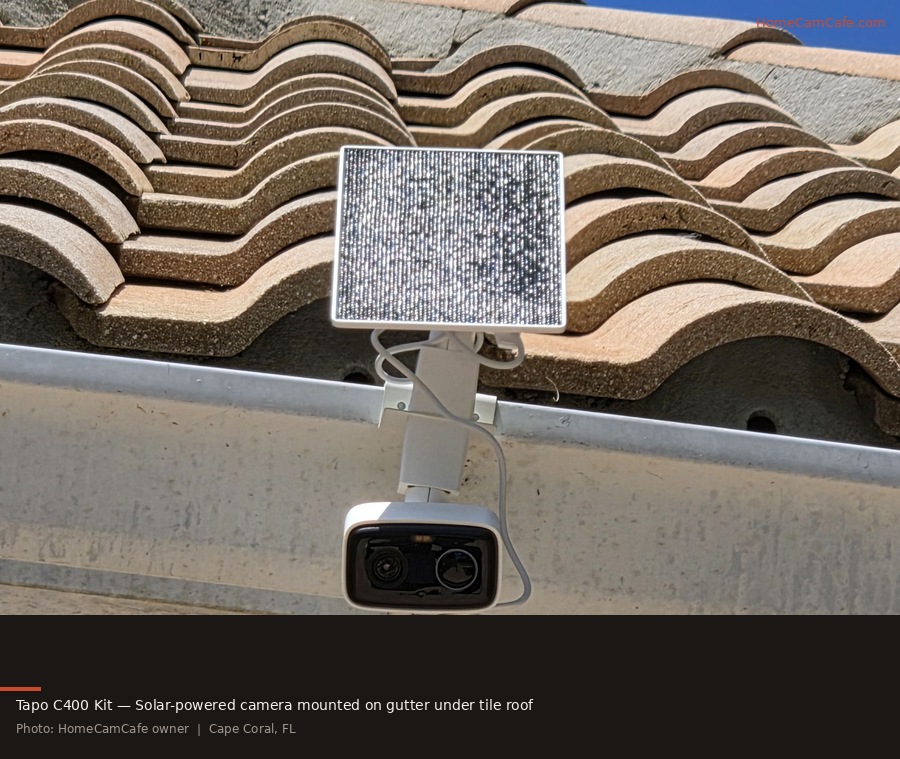 Tapo C400 Kit solar camera mounted on gutter — HomeCamCafe owner photo