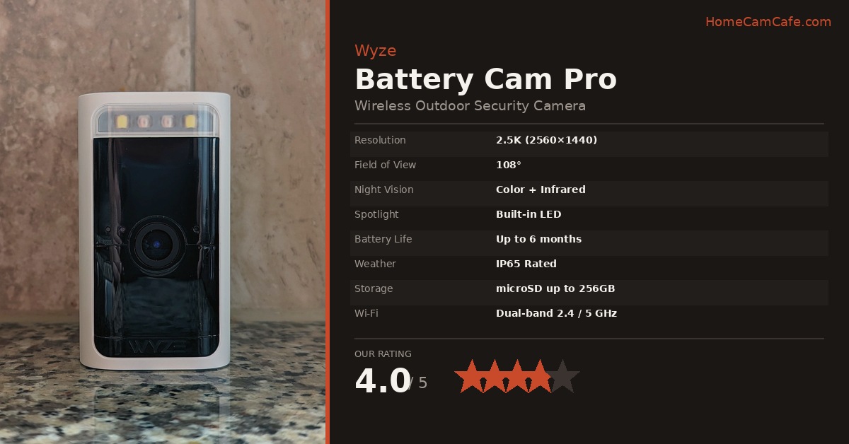 Wyze Battery Cam Pro review card with specs and rating