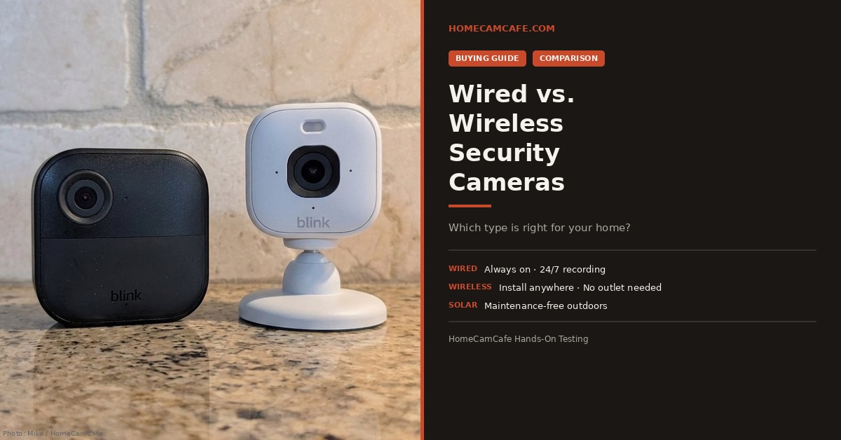 Wired vs. Wireless Security Cameras: Which Is Better for Your Home? 1 Blink Outdoor 4 wireless camera next to Blink Mini 2K+ wired camera on a kitchen counter