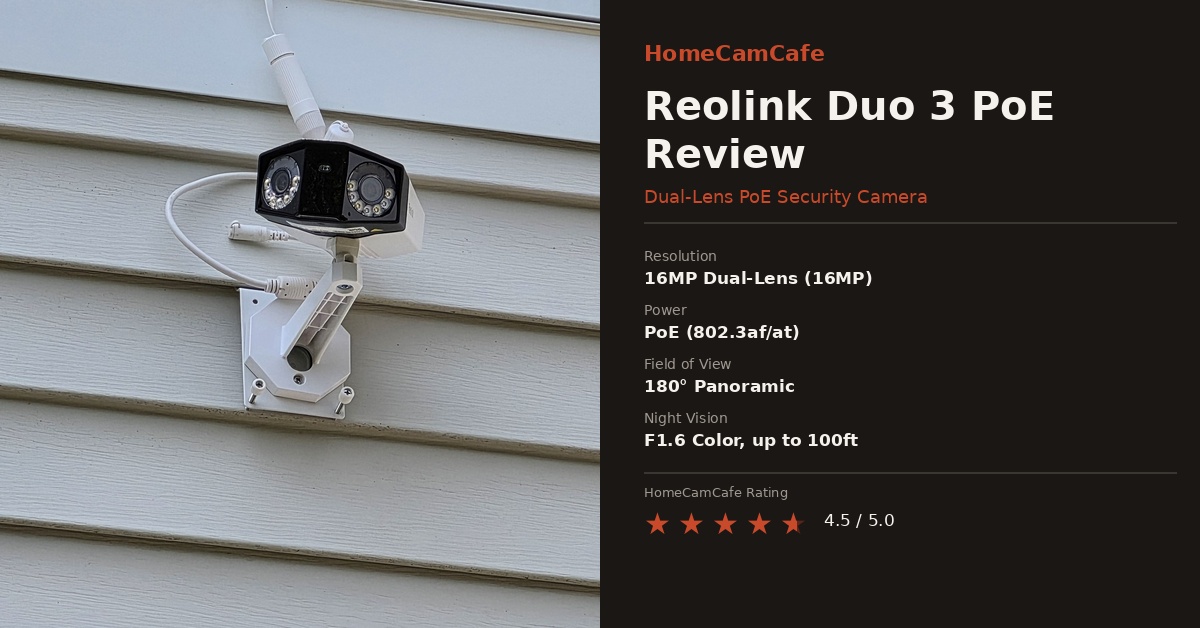 Reolink Duo 3 PoE Review: Our Hands-On Test 1 Reolink Duo 3 PoE dual-lens security camera mounted on exterior siding