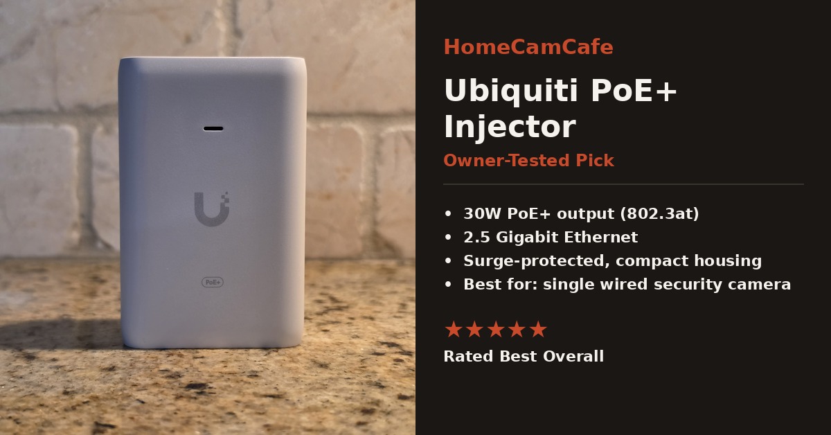 Best PoE Injector for Security Cameras (5 Picks) 1 Ubiquiti PoE+ injector review card, owner-tested pick for security cameras
