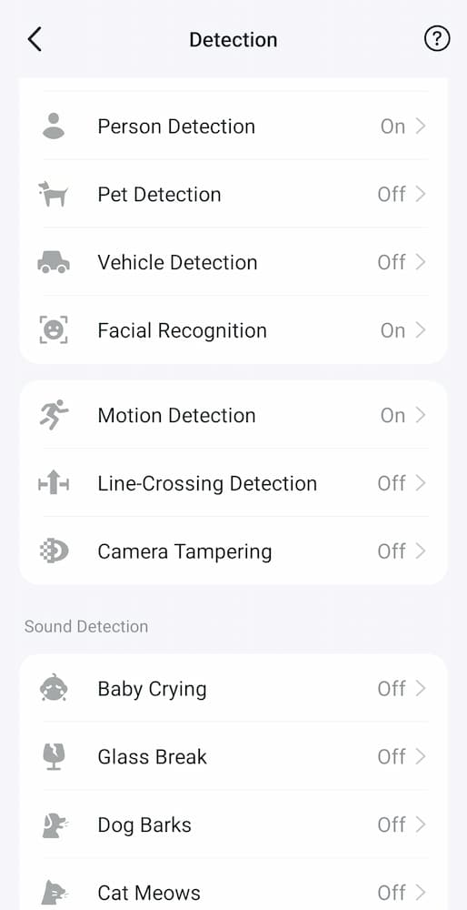 Tapo C260 Review: Hands-On 4K Pan-Tilt Test 2 Tapo C260 AI detection settings screen showing person and facial recognition options