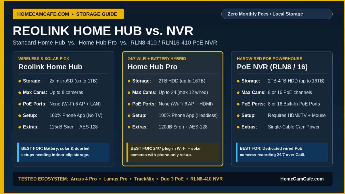 Reolink Home Hub vs NVR comparison chart showing Reolink Home Hub, Home Hub Pro, and RLN8-410 PoE NVR
