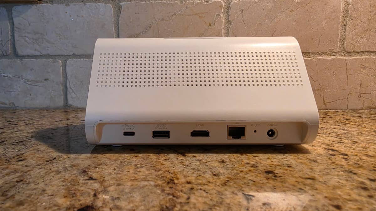 Rear view of the TP-Link Tapo H500 Smart HomeBase showing the USB Type-C, USB 2.0, HDMI, Gigabit Ethernet LAN, Reset, and Power ports