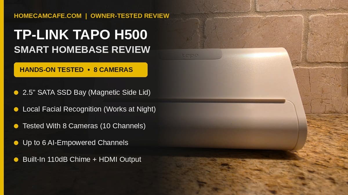 TP-Link Tapo H500 Smart HomeBase review showing 2.5-inch SATA SSD storage and local facial recognition
