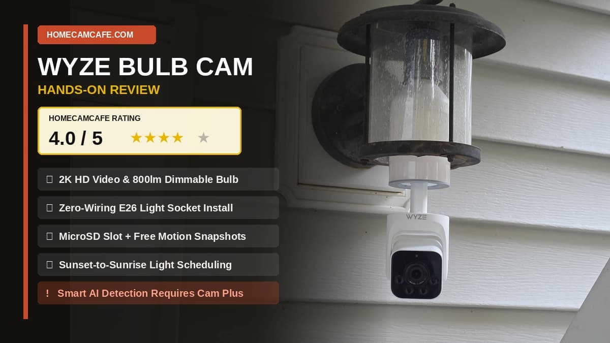 Wyze Bulb Cam Review: 2K Porch Security With Zero Wiring 1 Wyze Bulb Cam review card showing the 2K camera installed in an outdoor porch lantern